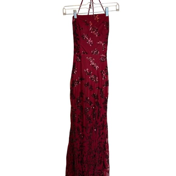 Sequined Burgundy Halter Evening Gown With Floral Embellishments & Lace-Up Back - Picture 1 of 6